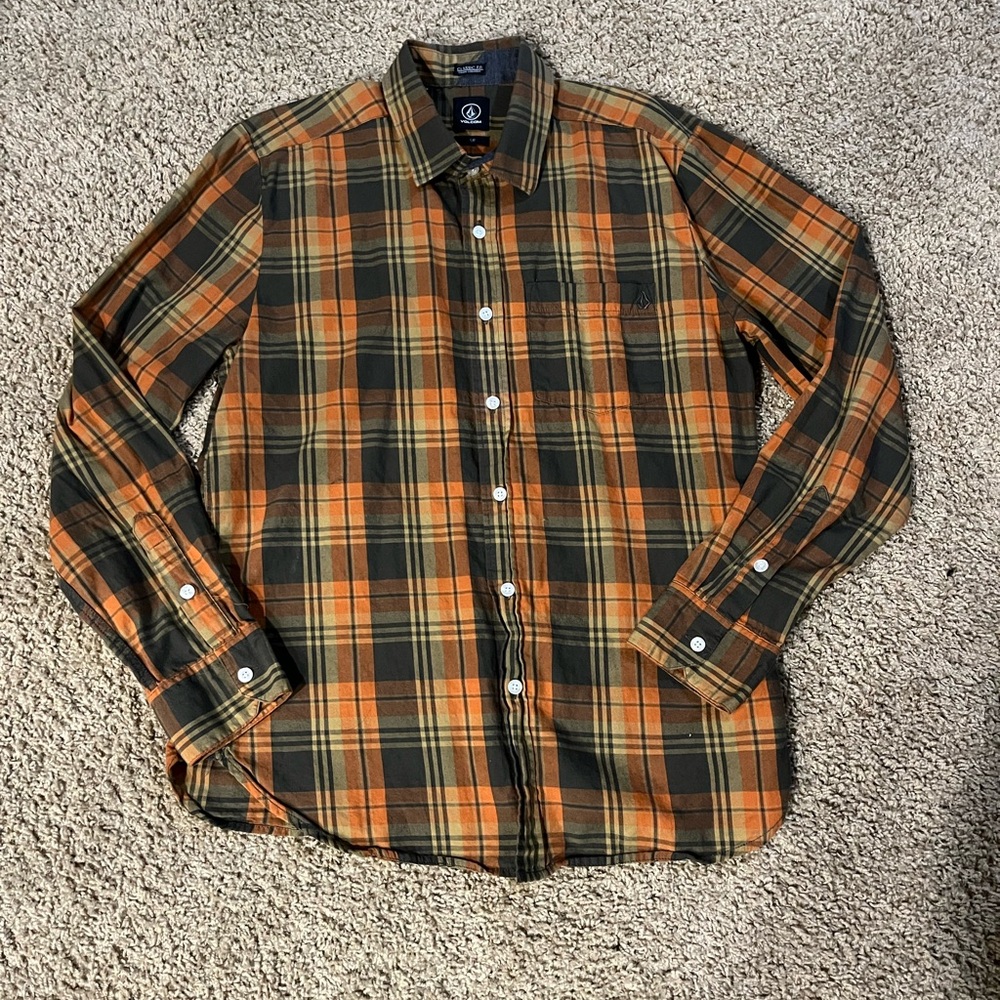 Volcom Orange and Black Checkered Button up